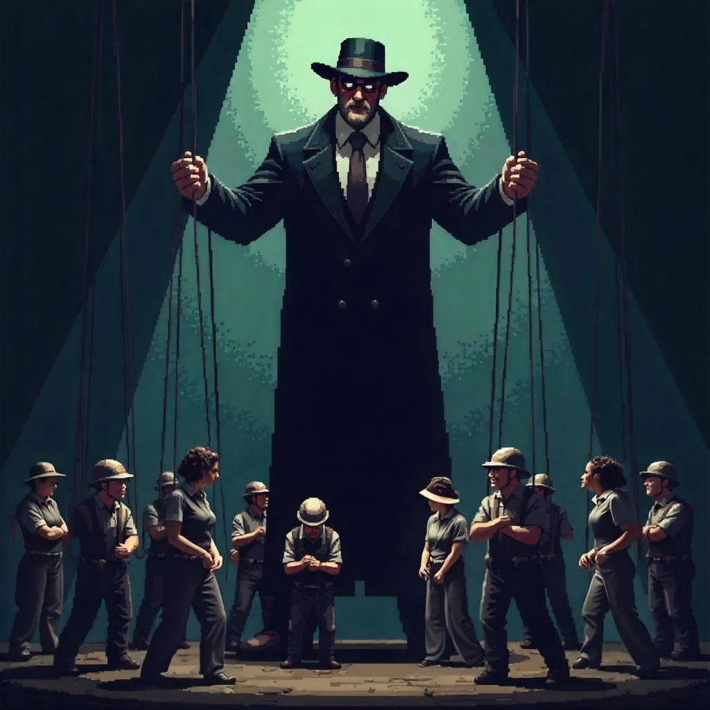 A dramatic illustration of a large puppet master figure looming over a group of workers or people below. The puppet master is holding strings attached to each person, controlling their movements. The workers look frustrated, confused, or immobile, highlighting lack of autonomy. The setting is abstract or minimalistic to focus on the symbolism — dark tones with spotlight-style lighting to create contrast and emphasize control and tension.