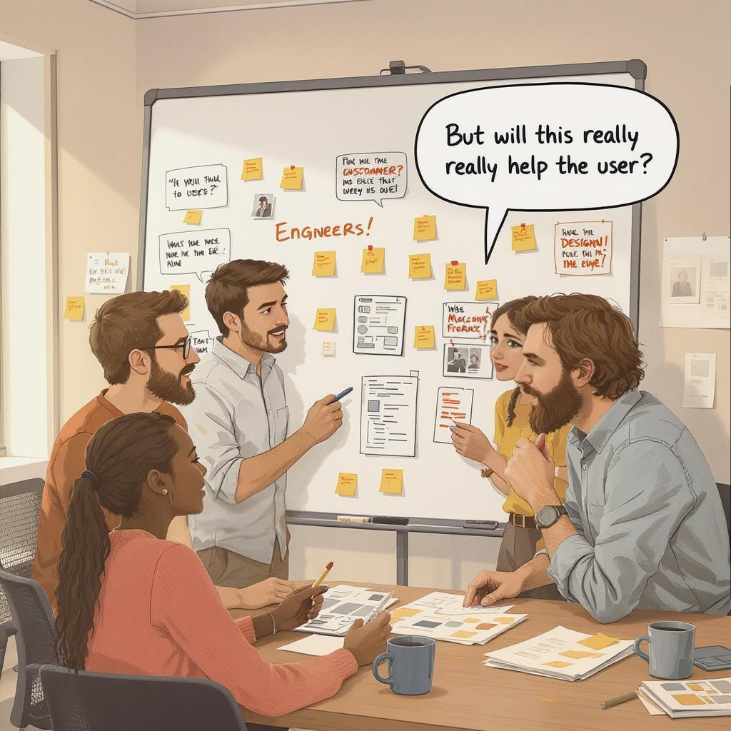 A minimalist, cartoon-style black and white pencil drawing of a software engineer sitting at a simple desk. The enngineer has two thought bubbles. One is technical looking, the other is about poeple. AI-generated image.