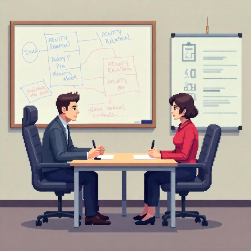 Two people sit across from each other at smal square table in a meeting room. The room has a whiteboard with some symbols on it. It’s a job interview. One person is taking notes the other is talking. AI-generated image.