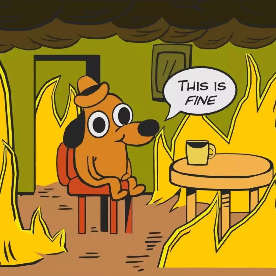 The classic "This is fine" meme. A dog sits on a chair in middle of a room that is on fire. The smiles nervously and a speech bubble shows the dog saying "This is fine".